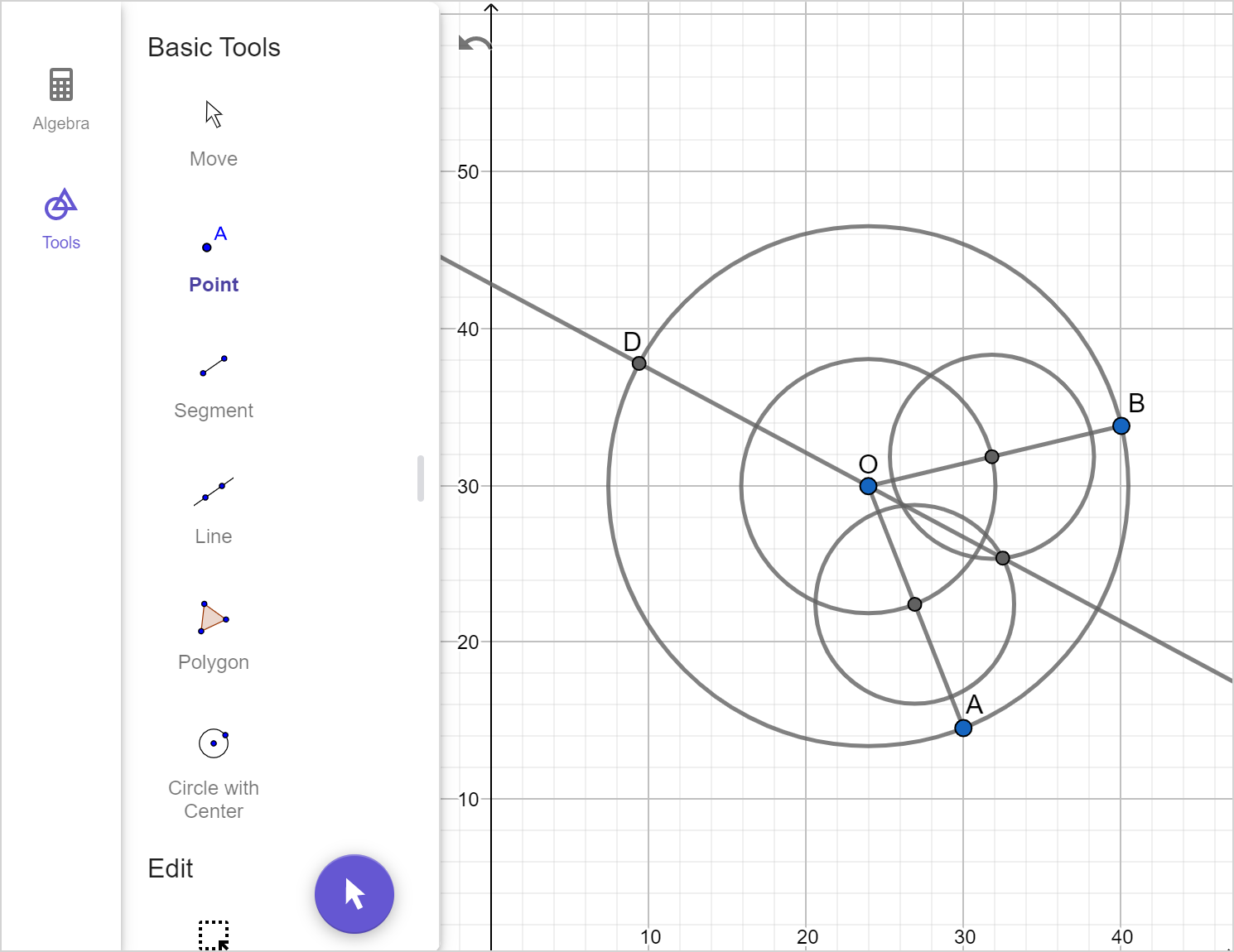 A screenshot of the GeoGebra geometry tool showing the previous image with point D shown as the point of intersection of the new line and the original circle on the far side of the circle. Speak to your teacher for more details.