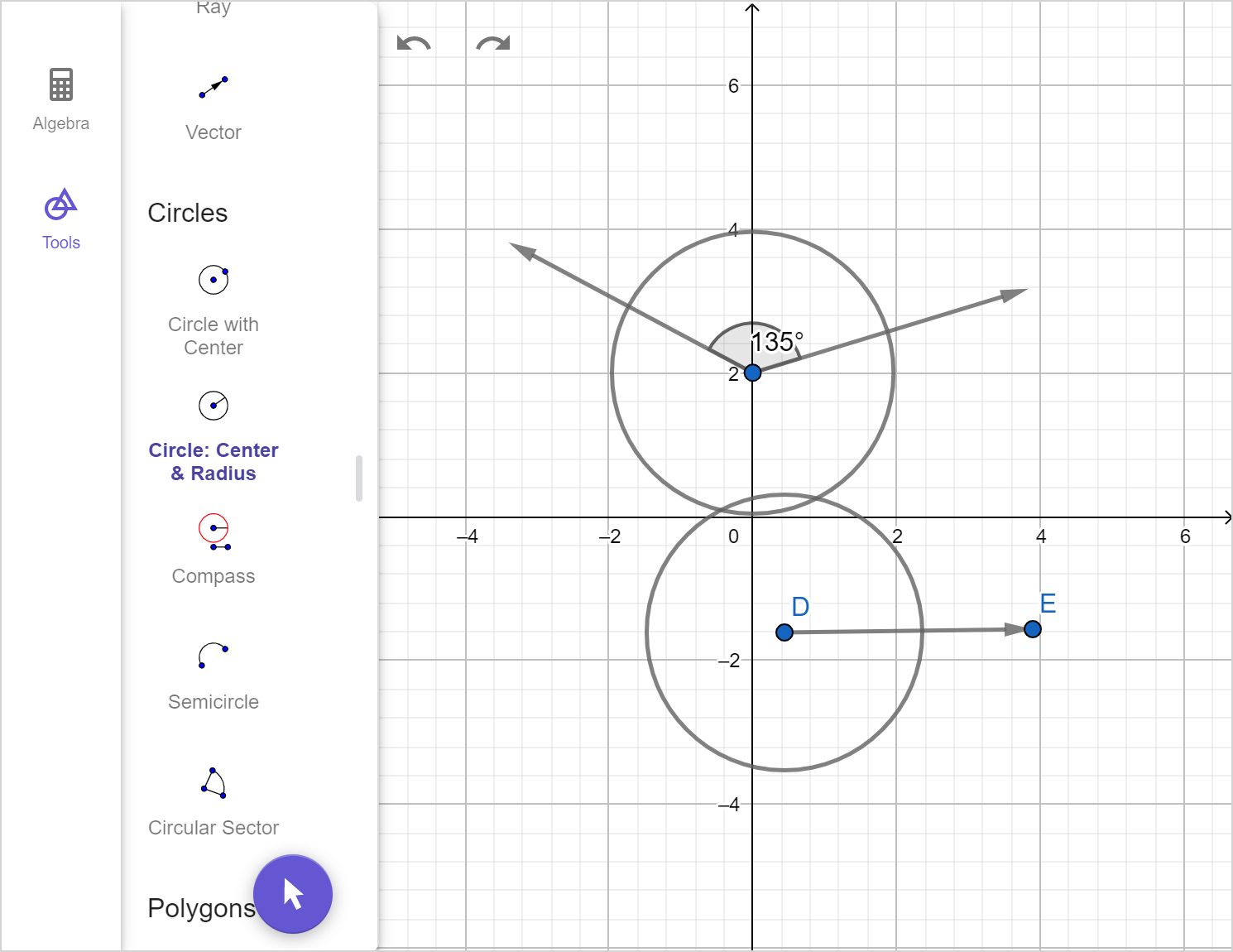 A screenshot of the GeoGebra geometry tool showing the previous image with circles drawn around two of the poitns. Speak to your teacher for more details.