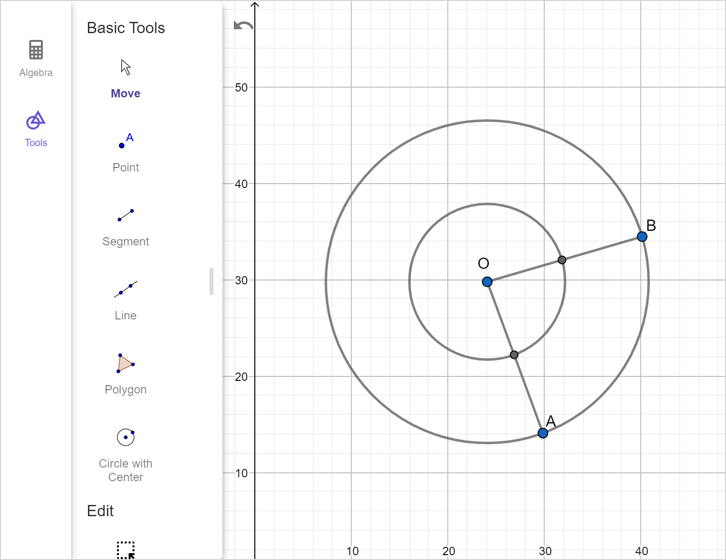 A screenshot of the GeoGebra geometry tool showing the circle centered at O, the radii OA and OB, and a smaller circle also centered at O along with its points of intersection with the radii.