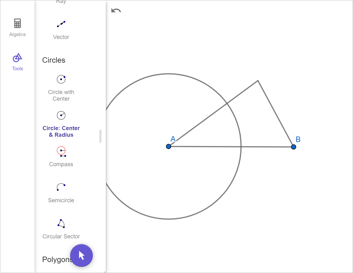 A screenshot of the GeoGebra geometry tool showing triangle with base labeled A B and a circle centered at A. Speak to your teacher for more details.