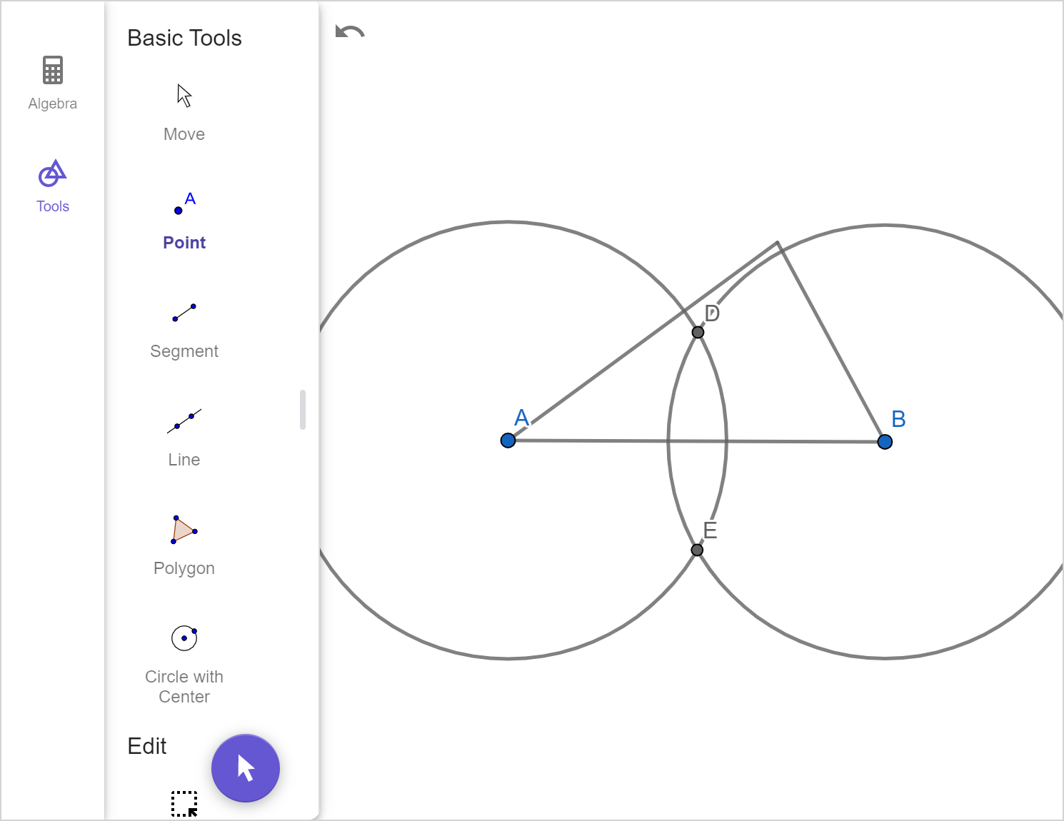 A screenshot of the GeoGebra geometry tool showing the previous image with a new circle centered at B. The points of intersection of the this circle and the previous circle are labeled D and E. Speak to your teacher for more details.