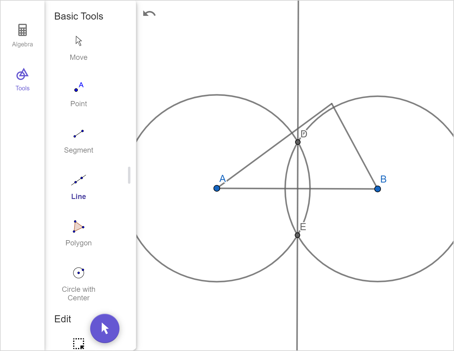 A screenshot of the GeoGebra geometry tool showing the previous image with a line constructed through points D and E. Speak to your teacher for more details.