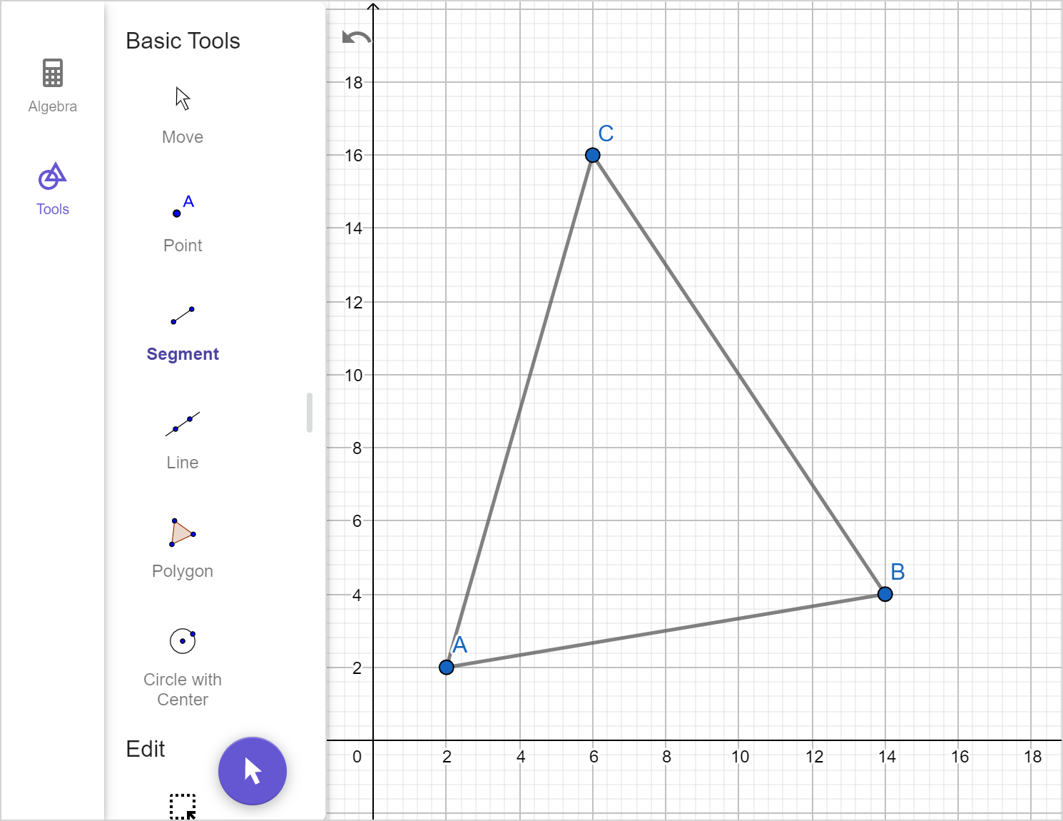 A screenshot of the GeoGebra geometry tool showing triangle ABC on a coordinate plane with vertices A (2, 2), B (14, 4) and C (6, 16). Speak to your teacher for more details.