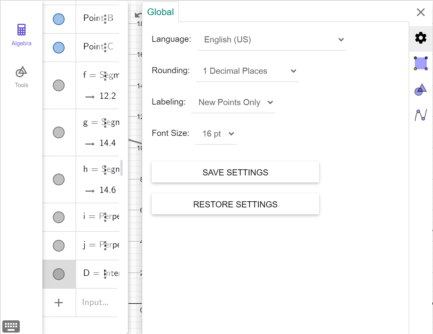 A screenshot of the GeoGebra geometry tool showing the global settings menu. Speak to your teacher for more details.