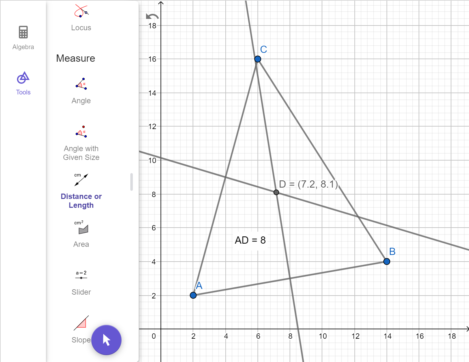 A screenshot of the GeoGebra geometry tool showing the previous image from part b with the distance AD labeled 8. Speak to your teacher for more details.