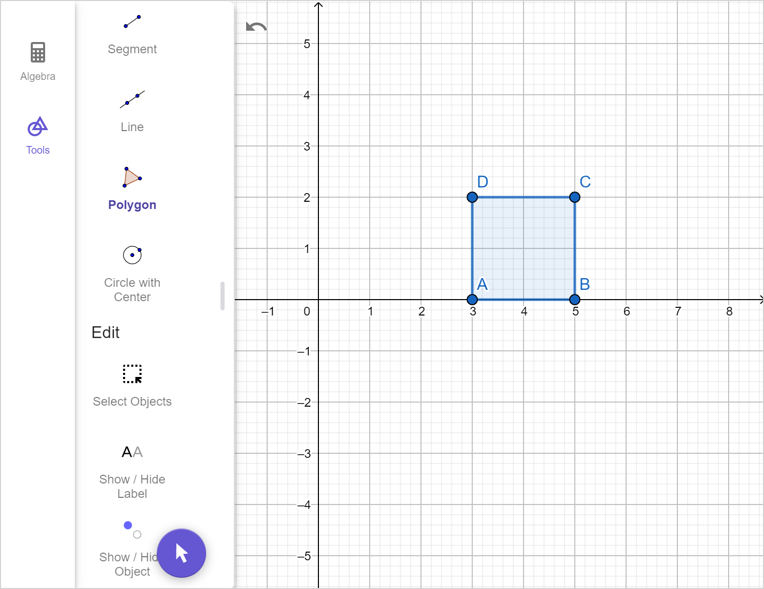 Geometry calculator tool with square ABCD plotted with point A at 3,0 point B at 5,0 point C at 5,2 and point D at 3,2