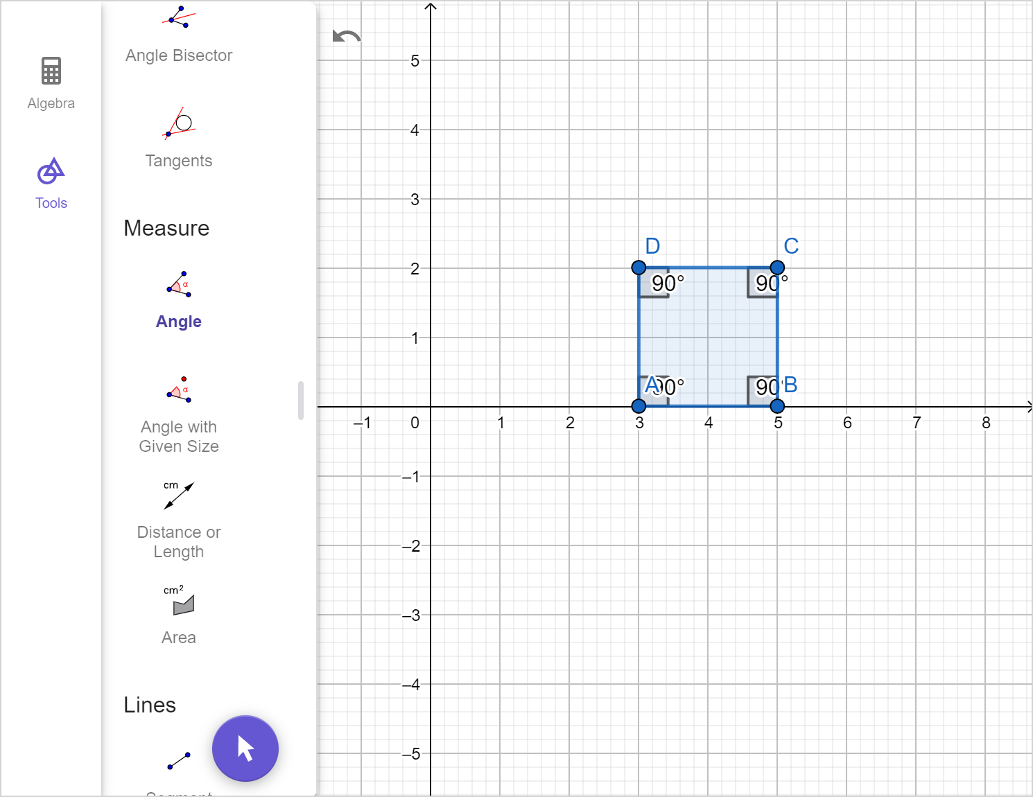 Geometry calculator tool with square ABCD plotted with each angle measure labeled as 90 degrees