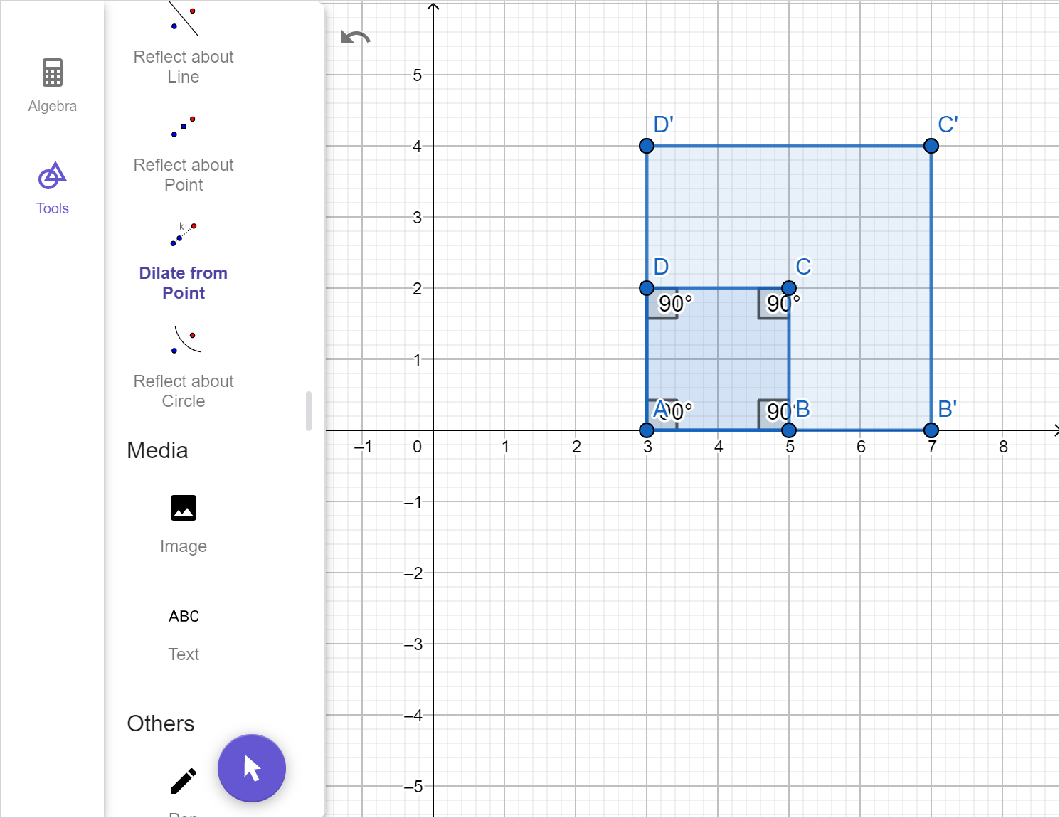 Geometry calculator tool with square ABCD plotted with a larger square A prime B prime C prime D prime plotted. The two squares share a vertex A and A prime at 3,0. B prime is at 7,0. C prime is at 7,4. And D prime is at 3,4.