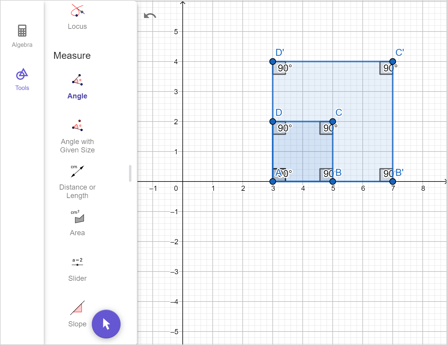 Geometry calculator tool with squares ABCD and A prime B prime C prime D prime plotted. All 4 angles of both squares are labeled 90 degrees 