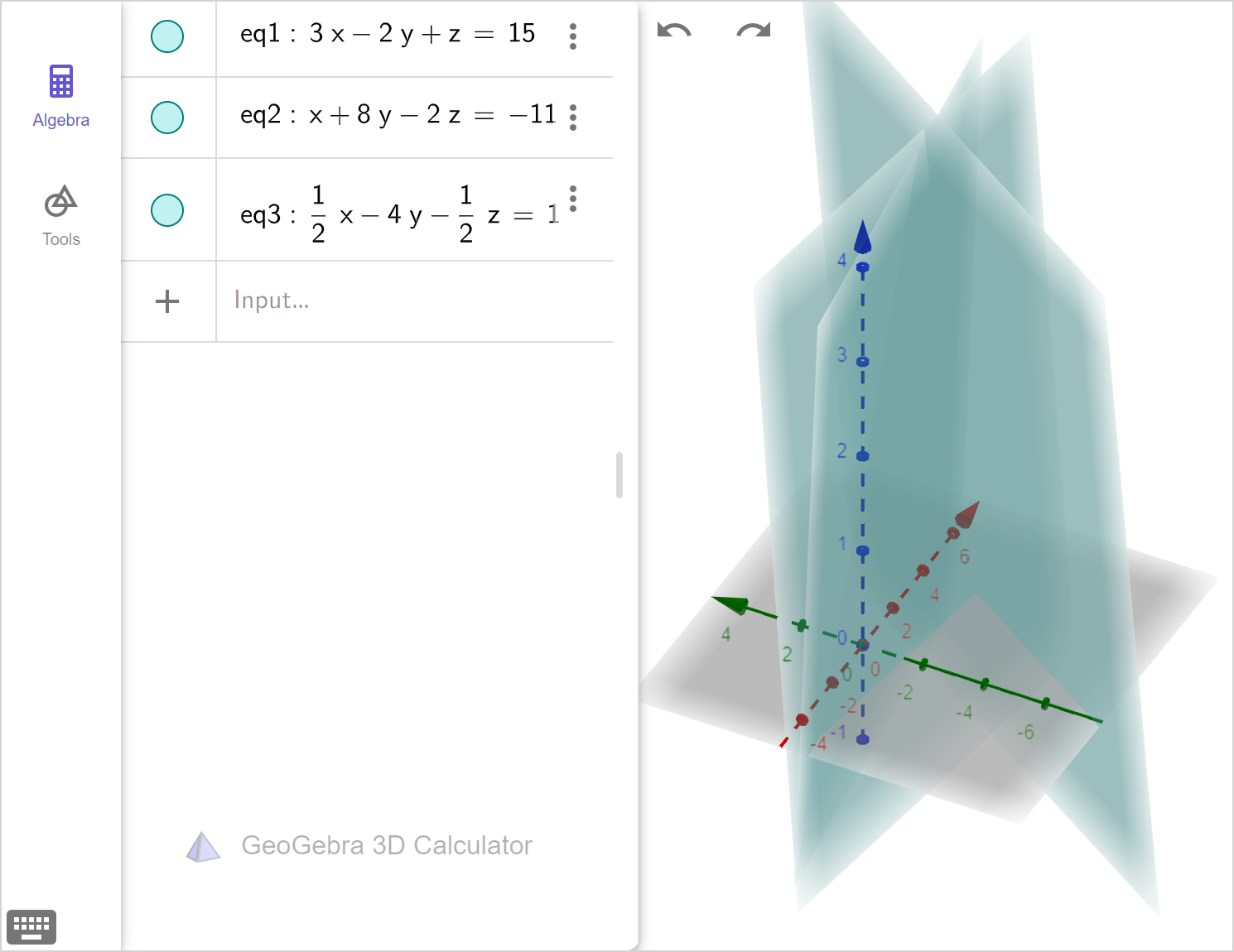 The 3D graphing calculator tool with 3 planes graphed. Speak to your teacher for more info.