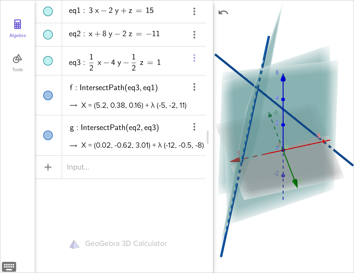 The 3D calculator tool with 3 planes graphed and a line graphed at the intersection of each pair of planes. Speak to your teacher for more info.