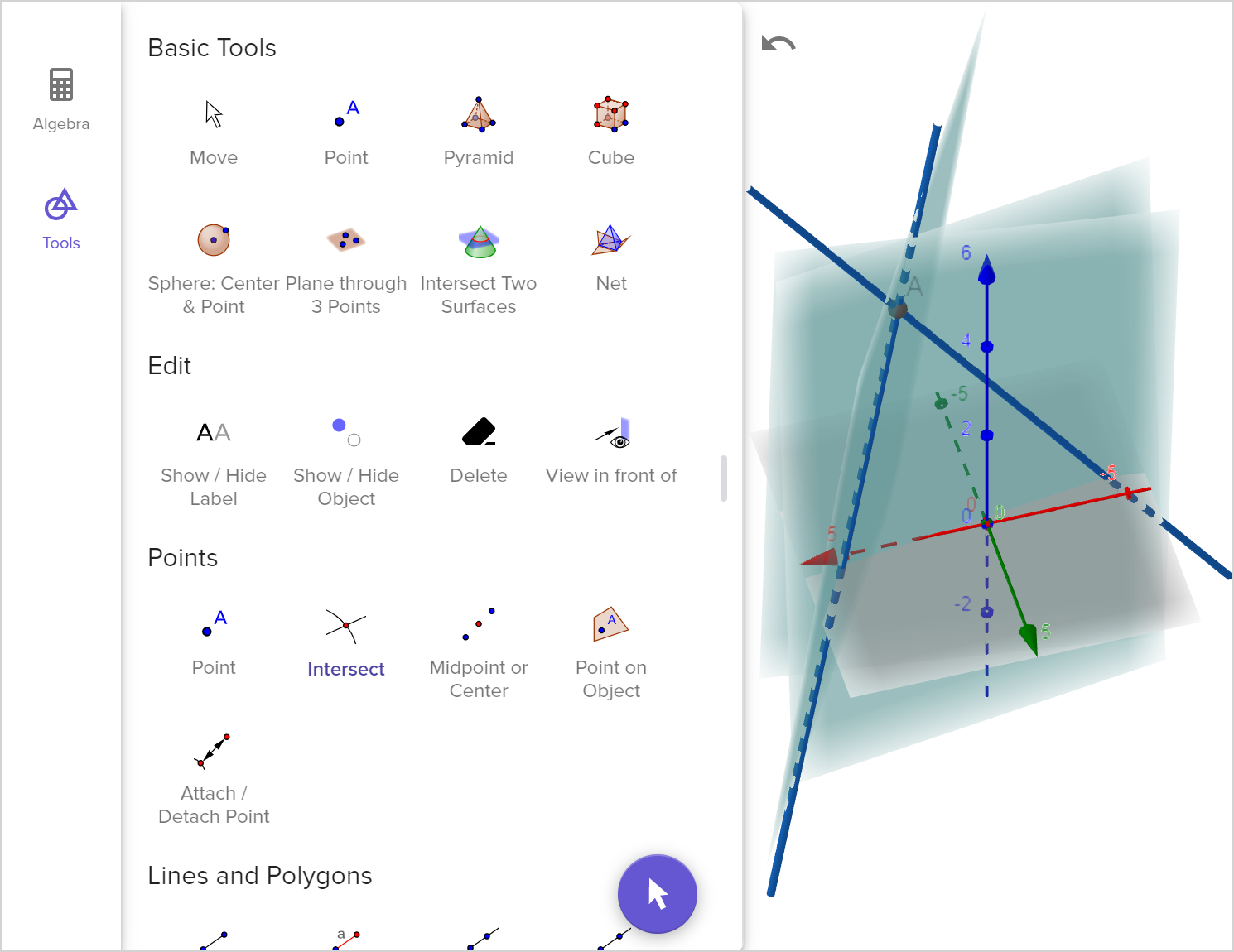 The 3D calculator tool with 3 planes graphed and a line graphed at the intersection of each pair of planes and the basic tools menu shown. Speak to your teacher for more info.