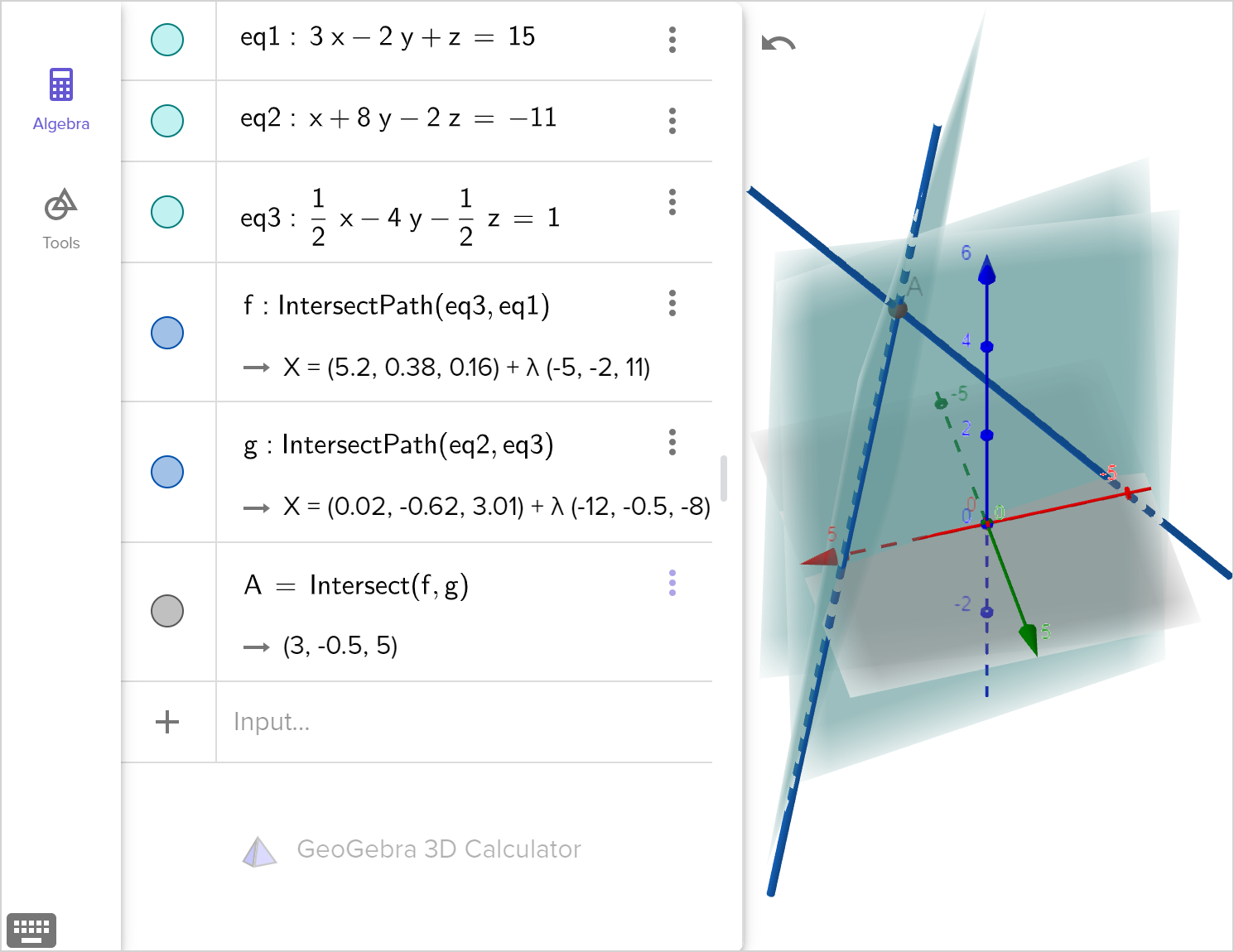 The 3D calculator tool with 3 planes graphed and a line graphed at the intersection of each pair of planes. A point is graphed at the intersection of the lines. Speak to your teacher for more info.