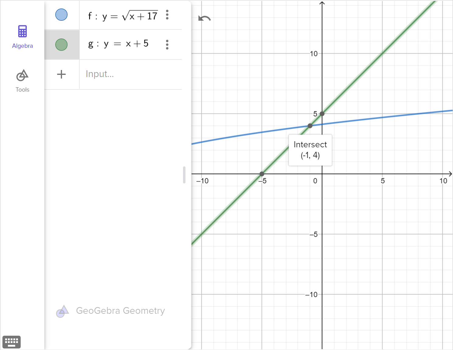 A screenshot of the GeoGebra geometry tool showing the graphs of y equals square root of x plus 17 and y equals x plus 5. The point of intersection of the graphs is highlighted. Speak to your teacher for more details.