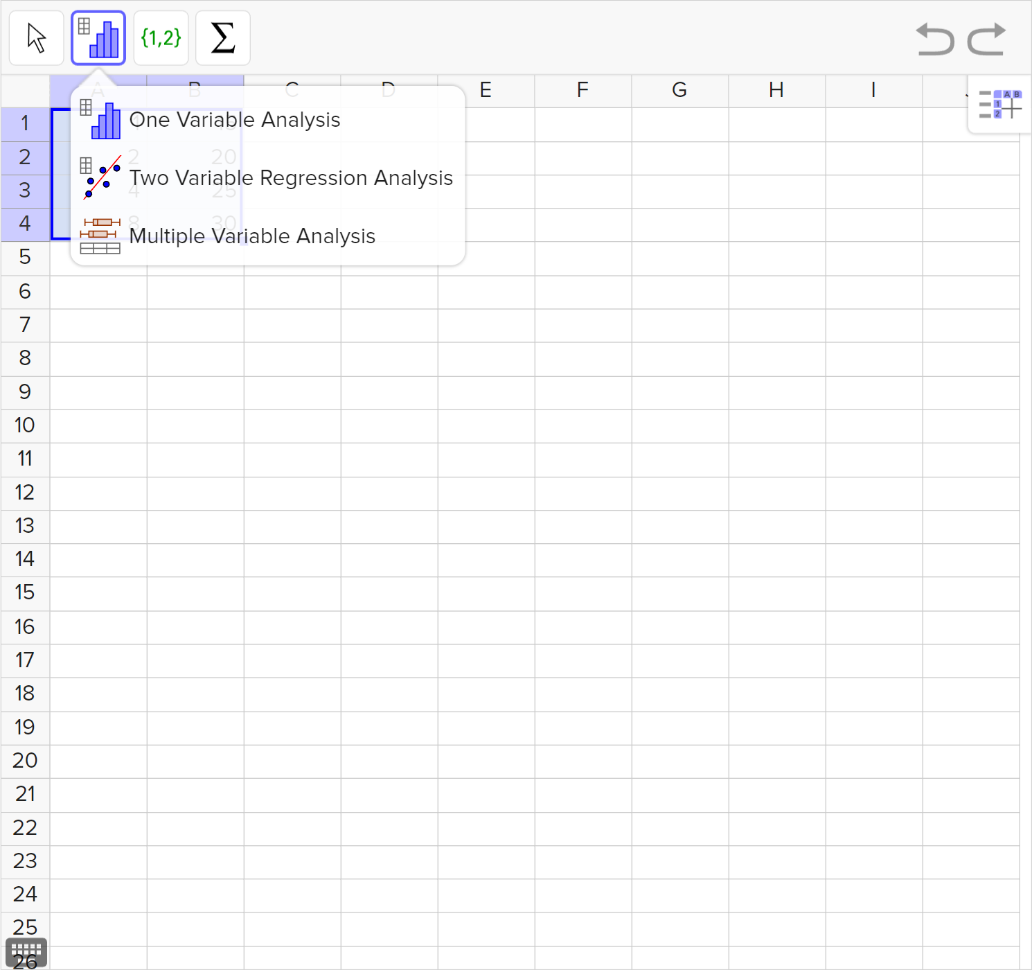 A screenshot of the GeoGebra statistics tool showing the data 1, 2, 4, and 8 entered in column A, rows 1 to 4, and 15, 20, 25, and 30 entered in column B, rows 1 to 4. The cells from column A, rows 1 to 4, and column B, rows 1 to 4, are selected. The menu from the second leftmost icon is shown.