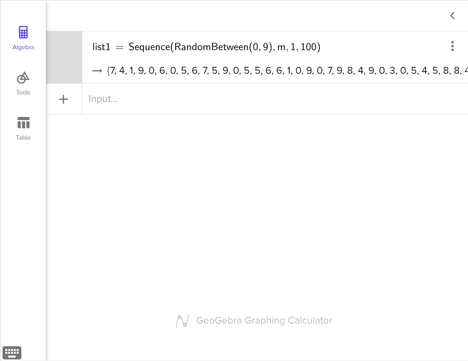 A screenshot of the GeoGebra graphing calculator showing how to generate 100 random numbers between 0 and 9 inclusive using the Sequence and RandomBetween commands. Speak to your teacher for more details.