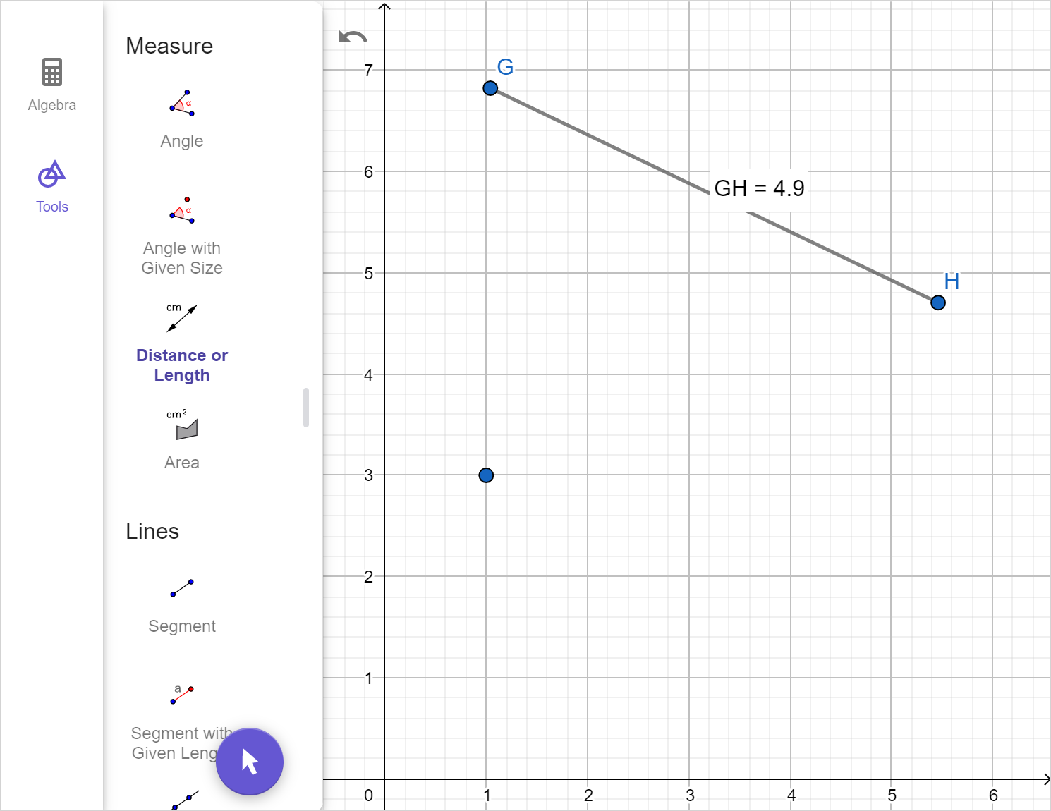 A screenshot of the GeoGebra geometry tool showing segment G H and its length and a point. Speak to your teacher for more details.