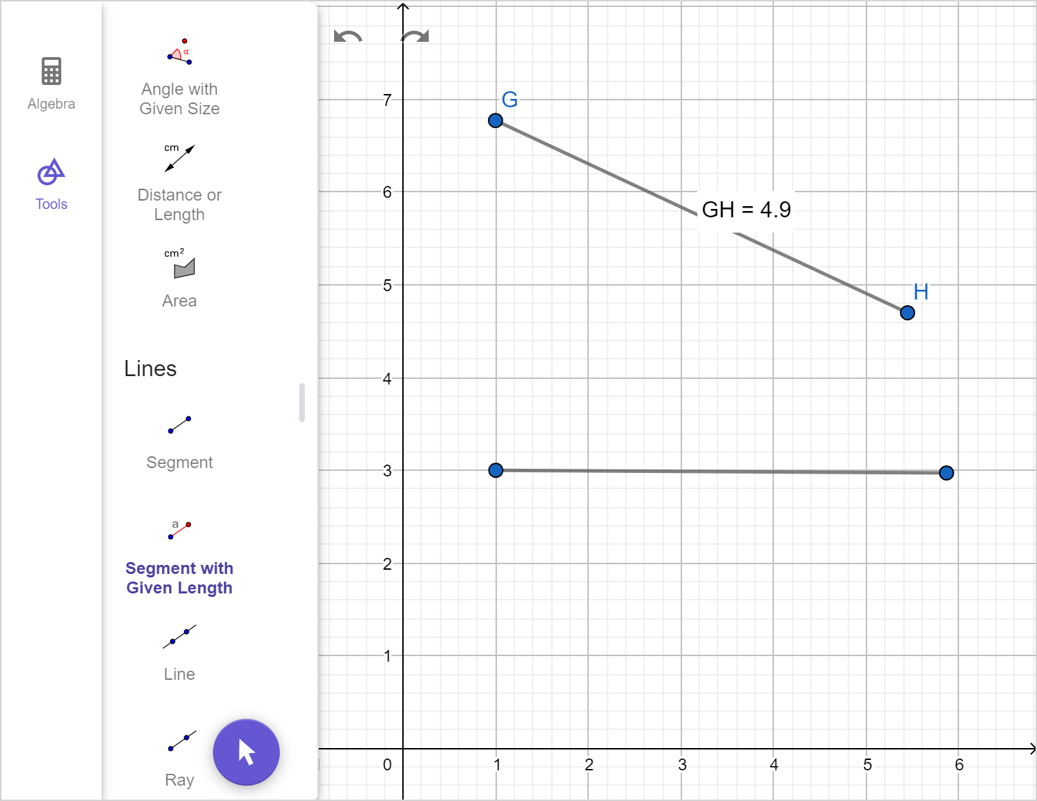 A screenshot of the GeoGebra geometry tool showing segment G H and its copy. Speak to your teacher for more details.