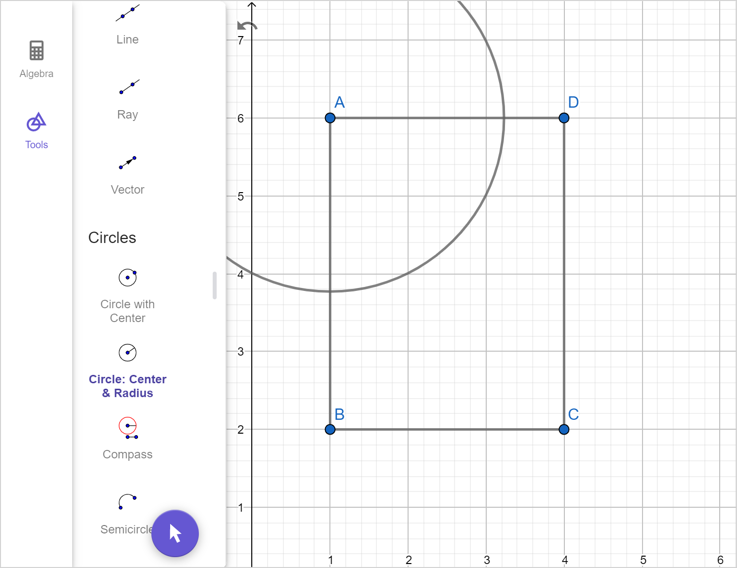 A screenshot of the GeoGebra geometry tool showing rectangle A B C D. A circle centered at A is drawn. Speak to your teacher for more details.
