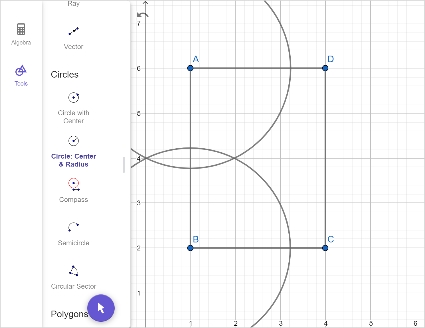 A screenshot of the GeoGebra geometry tool showing rectangle A B C D. Two circles centered at A and B are drawn. Speak to your teacher for more details.