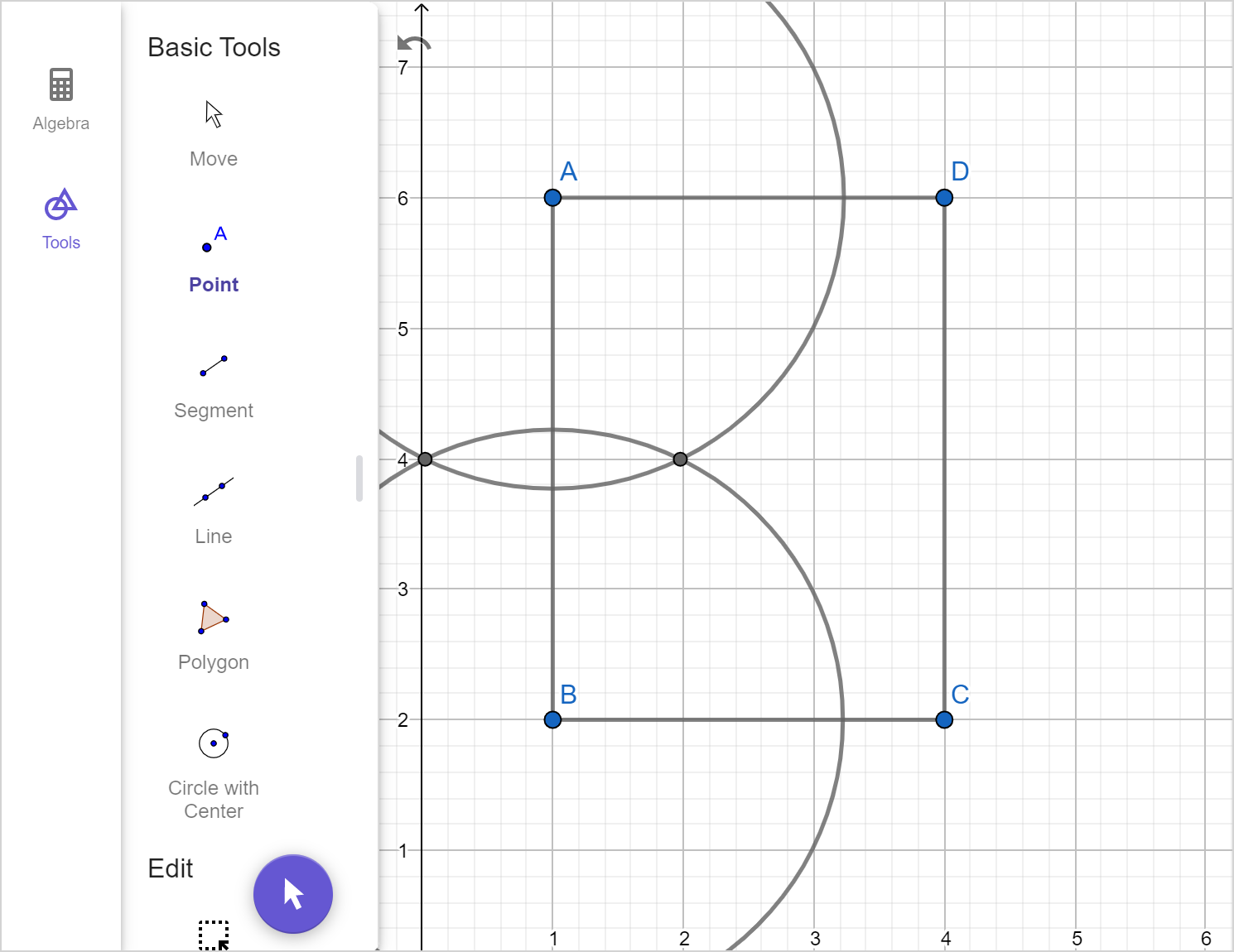 A screenshot of the GeoGebra geometry tool showing rectangle A B C D. Two circles centered at A and B are drawn. The intersection of the two circles are drawn. Speak to your teacher for more details.