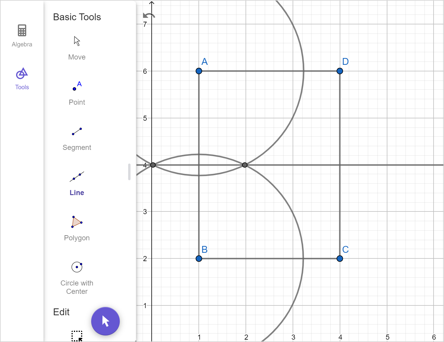 A screenshot of the GeoGebra geometry tool showing rectangle A B C D. Two circles centered at A and B are drawn. The intersection of the two circles are drawn. A line is drawn using the points of intersection. Speak to your teacher for more details.