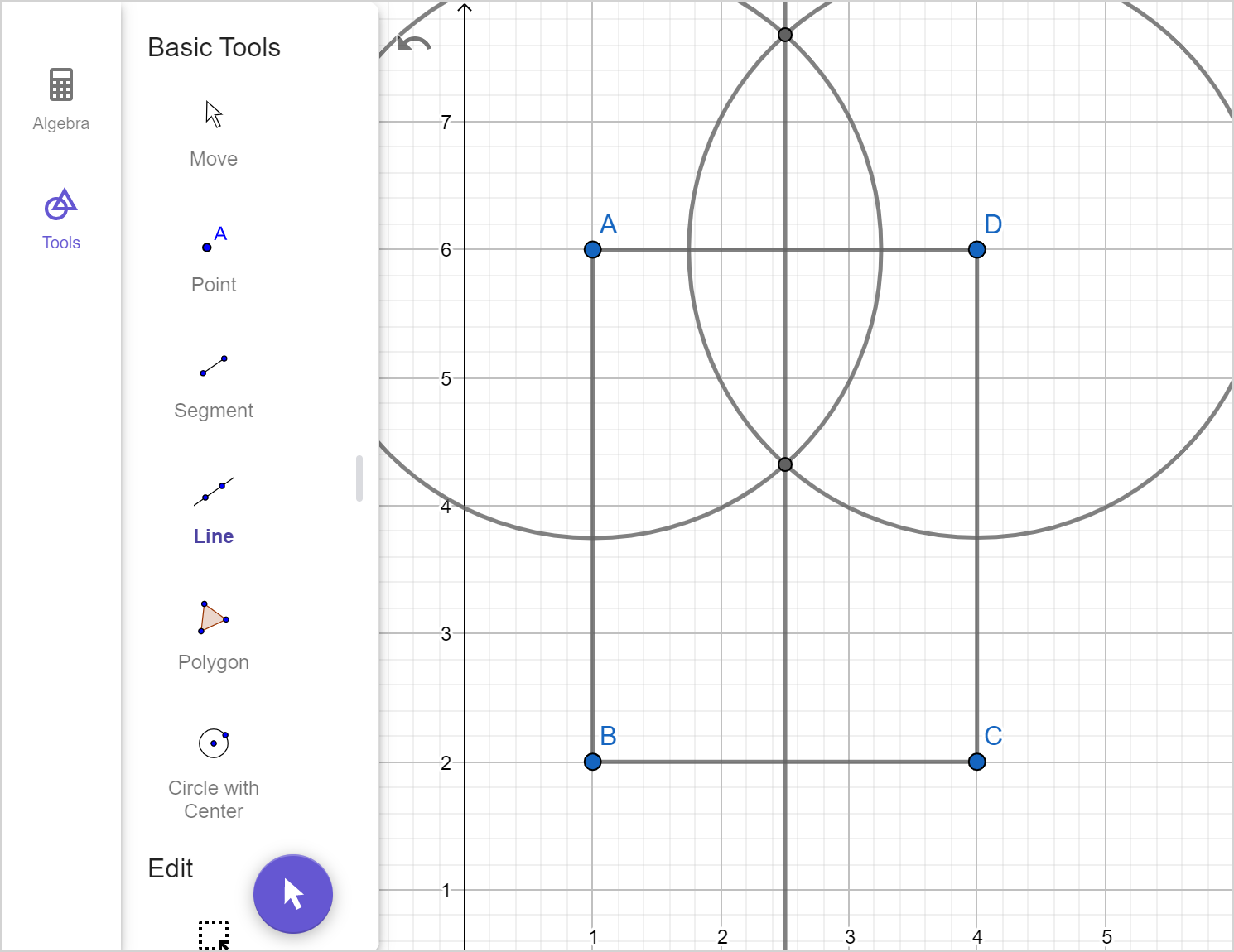 A screenshot of the GeoGebra geometry tool showing rectangle A B C D. Two circles centered at A and D are drawn. The intersection of the two circles are drawn. A line is drawn using the points of intersection. Speak to your teacher for more details.