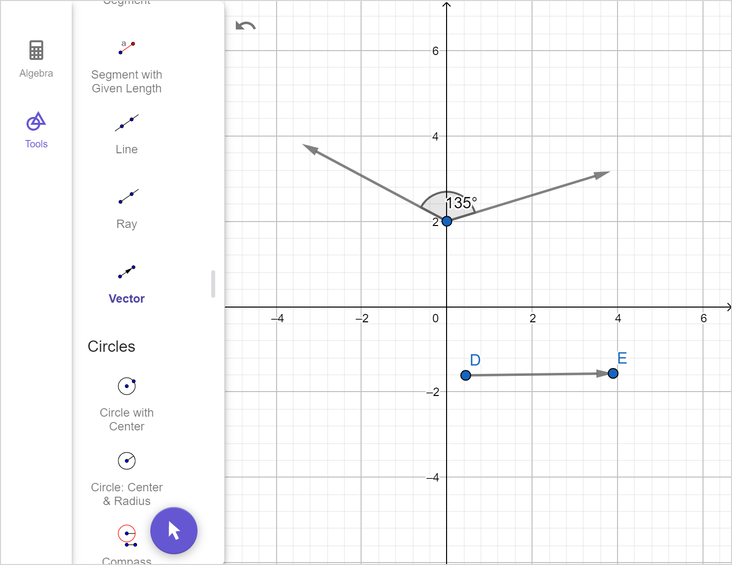 A screenshot of the GeoGebra geometry tool showing an angle measuring 135 degrees, and a separate segment D E. Speak to your teacher for more details.
