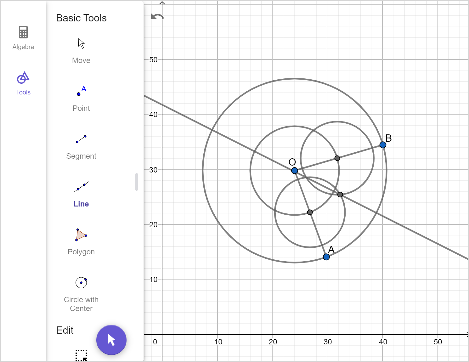 A screenshot of the GeoGebra geometry tool showing the previous image with a line drawn through the most recent point of intersection and point O. Speak to your teacher for more details.