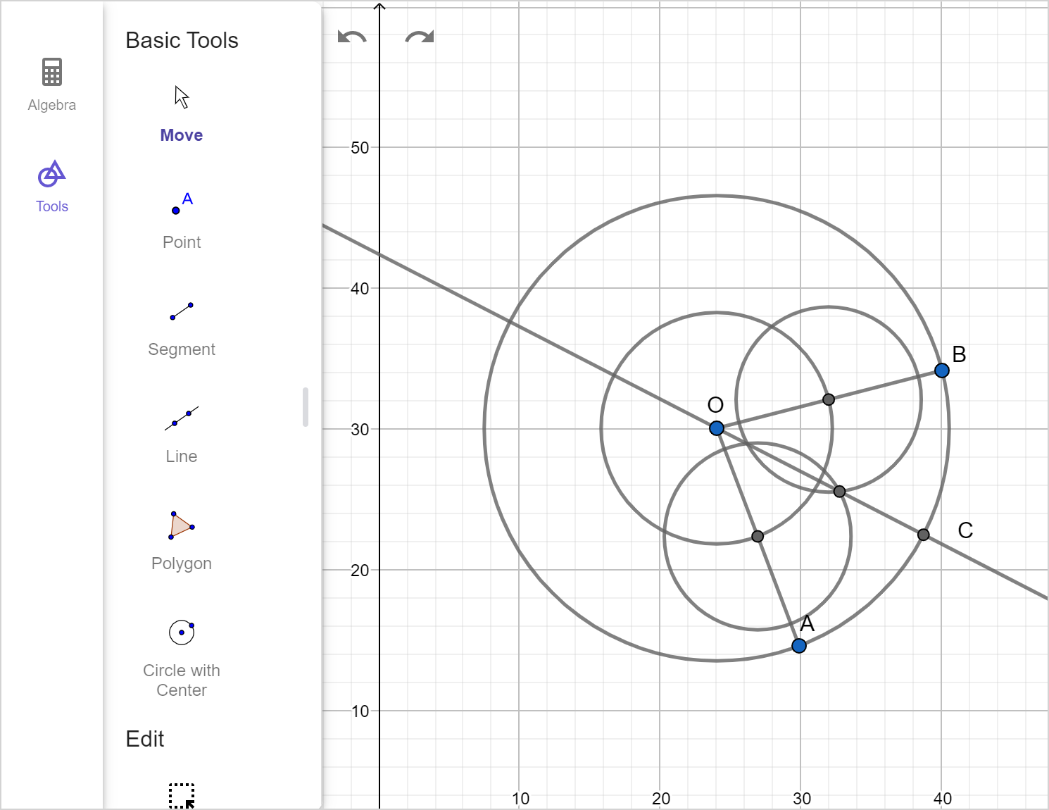 A screenshot of the GeoGebra geometry tool showing the previous image with point C shown as the point of intersection of the new line and the original circle. Speak to your teacher for more details.