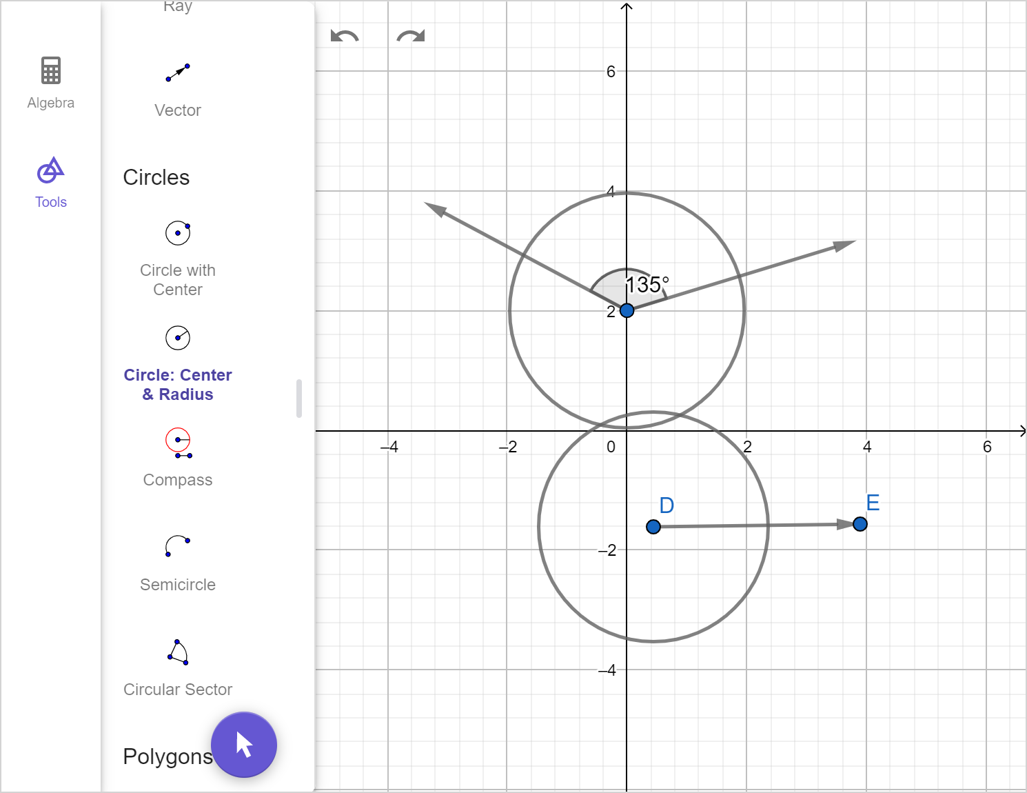 A screenshot of the GeoGebra geometry tool showing the previous image with circles drawn around two of the points. Speak to your teacher for more details.