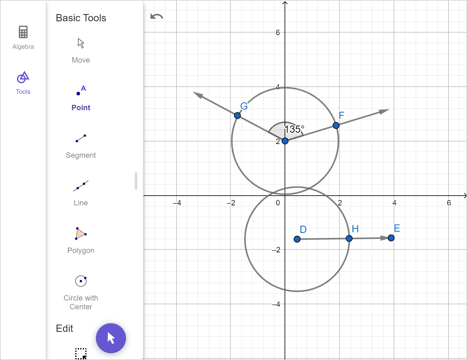 A screenshot of the GeoGebra geometry tool showing the previous image with three points of intersection labeled. Speak to your teacher for more details.
