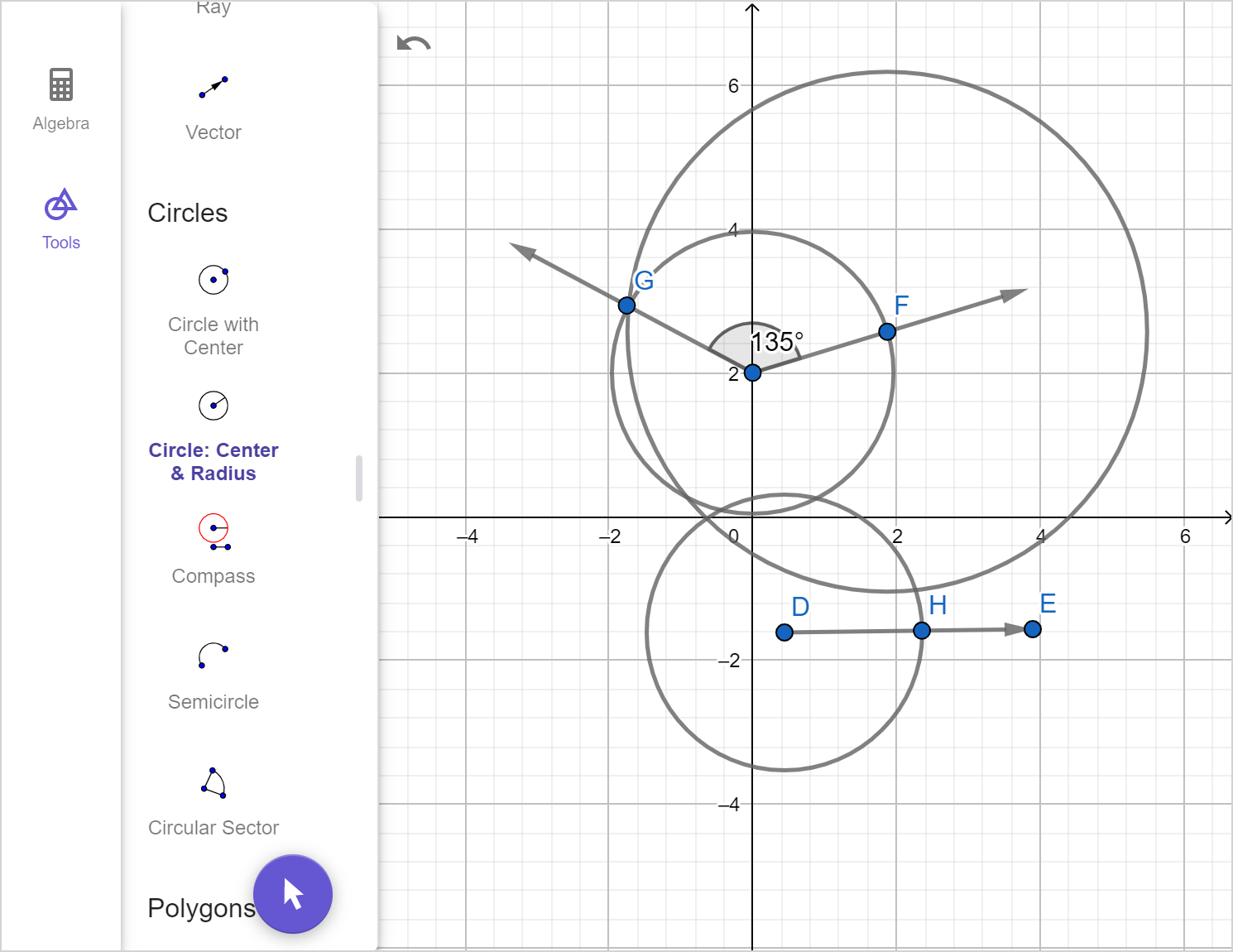 A screenshot of the GeoGebra geometry tool showing the previous image with a circle drawn centered at one of the points of intersection. Speak to your teacher for more details.