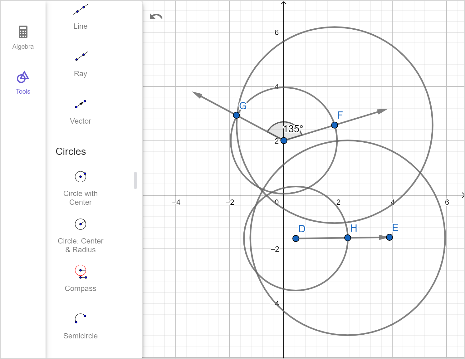 A screenshot of the GeoGebra geometry tool showing the previous image with an additional circle drawn centered at one of the other points of intersection. Speak to your teacher for more details.