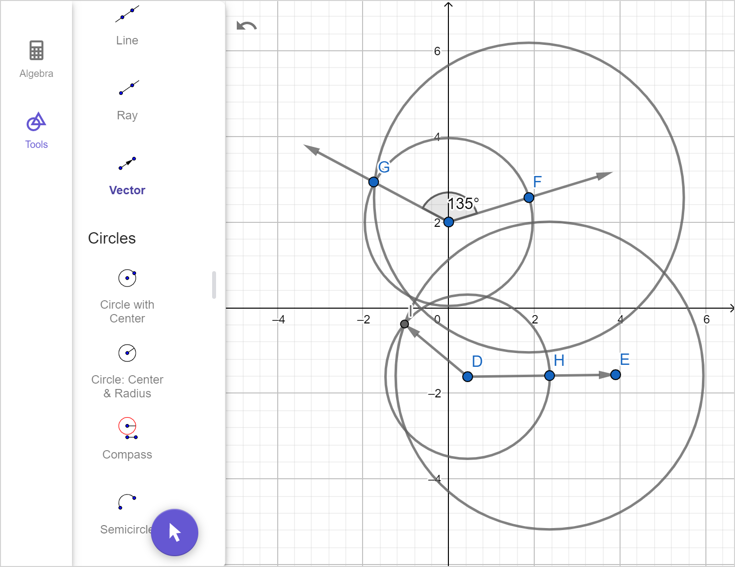 A screenshot of the GeoGebra geometry tool showing the previous image with a new segment joining point D and a new point of intersection. Speak to your teacher for more details.