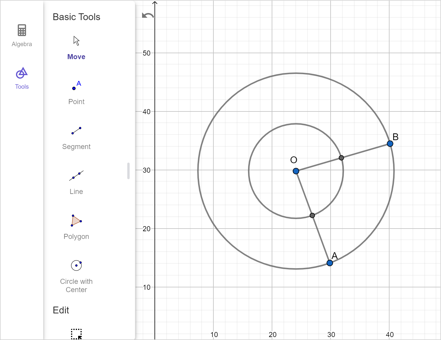 A screenshot of the GeoGebra geometry tool showing the circle centered at O, the radii O A and O B, and a smaller circle also centered at O along with its points of intersection with the radii. Speak to your teacher for more details.