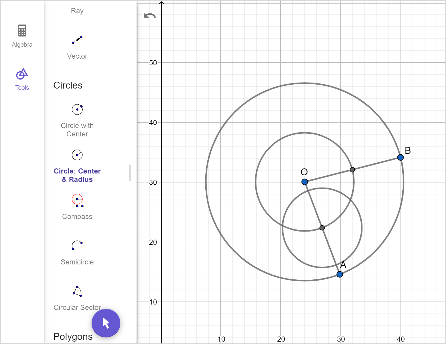 A screenshot of the GeoGebra geometry tool showing the previous image with a small circle centered at one of the points of intersection. Speak to your teacher for more details.