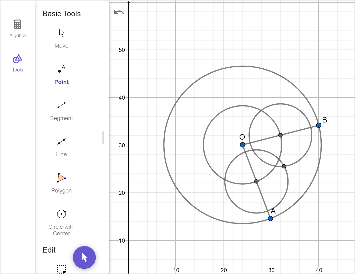 A screenshot of the GeoGebra geometry tool showing the previous image with another small circle centered at the other of the point of intersection. The point of intersection of the two new circles is shown. Speak to your teacher for more details.