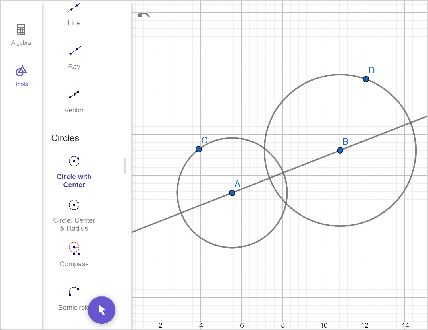 A screenshot of the GeoGebra geometry tool showing the constructions described in step 2. Speak to your teacher for more details.