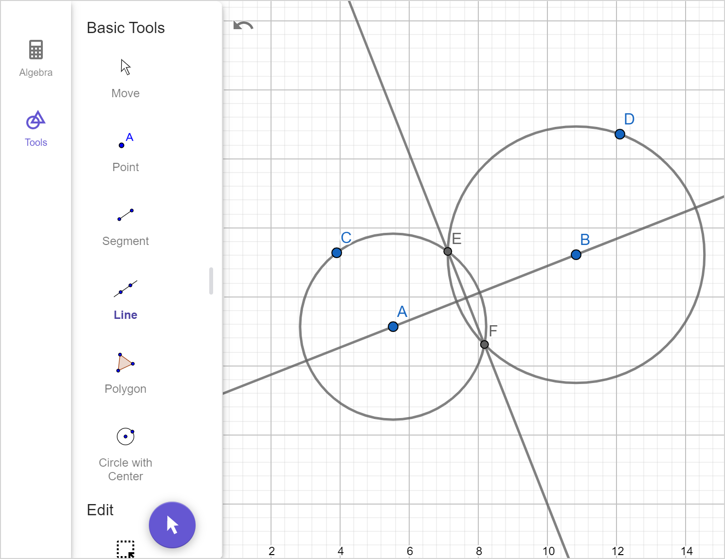 A screenshot of the GeoGebra geometry tool showing the constructions described in step 3. Speak to your teacher for more details.