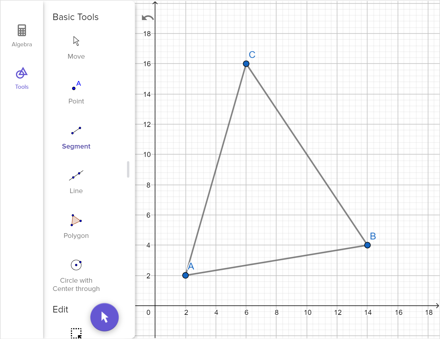 A screenshot of the GeoGebra geometry tool showing triangle A B C. Speak to your teacher for more details.