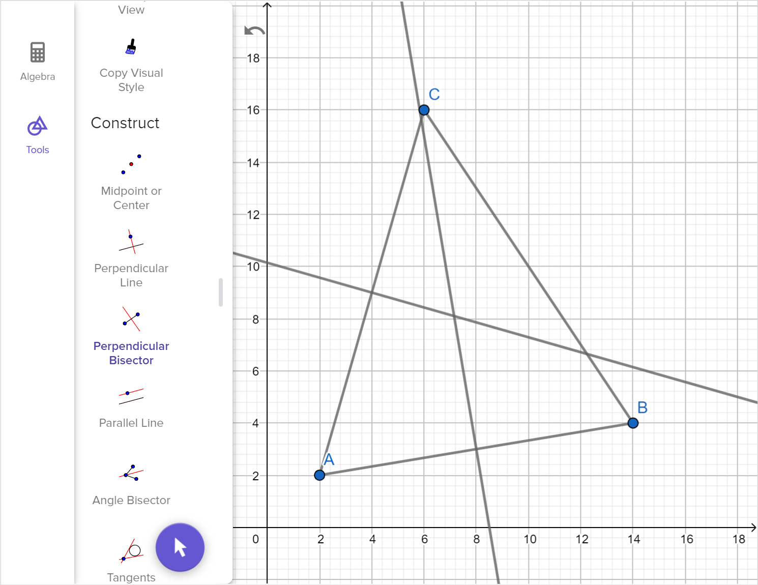 A screenshot of the GeoGebra geometry tool showing how to construct perpendicular bisectors of triangle A B C. Speak to your teacher for more details.