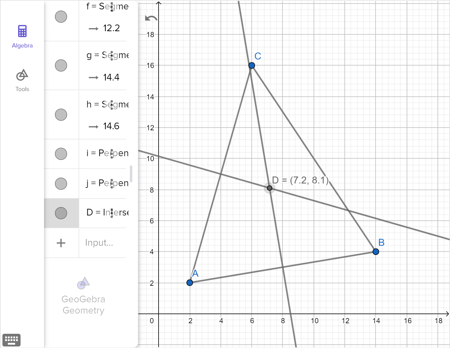 A screenshot of the GeoGebra geometry tool showing how to find point of intersection of the perpendicular bisectors of triangle A B C. Speak to your teacher for more details.