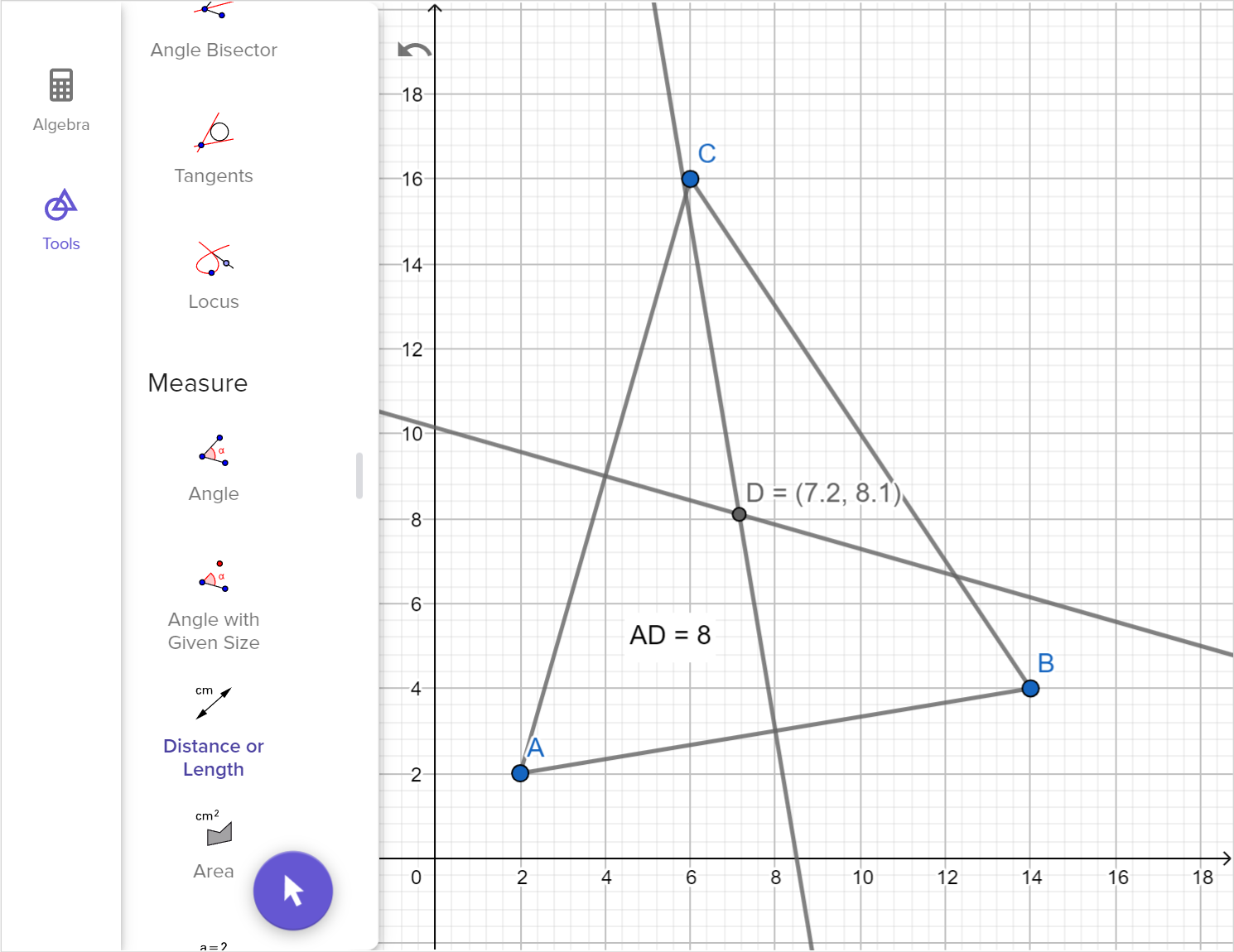 A screenshot of the GeoGebra geometry tool showing how to find the distance between point D and vertex A. Speak to your teacher for more details.