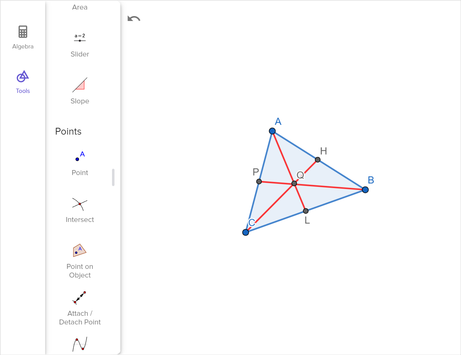 A screenshot of the GeoGebra geometry tool showing the centroid with the medians of triangle A B C. Speak to your teacher for more details.