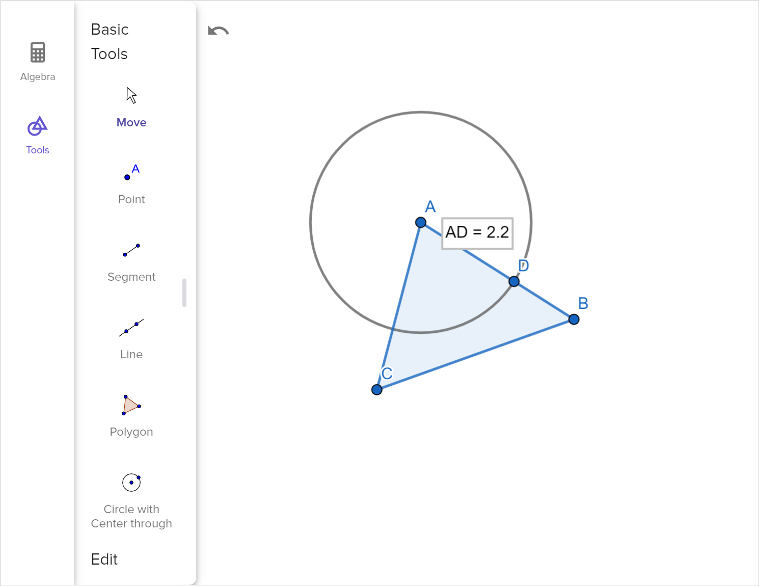 A screenshot of the GeoGebra geometry tool showing triangle A B C. An arc centered at A is drawn. Speak to your teacher for more details.