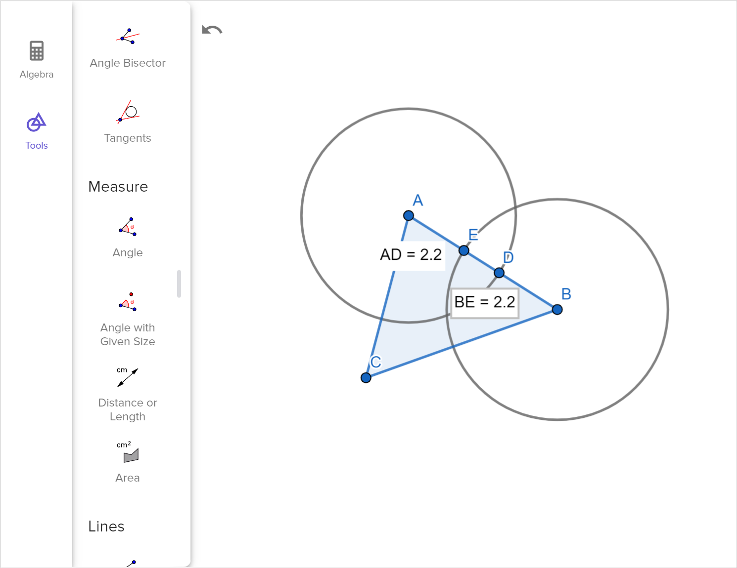 A screenshot of the GeoGebra geometry tool showing triangle A B C. Arcs centered at A and B are drawn. Speak to your teacher for more details.