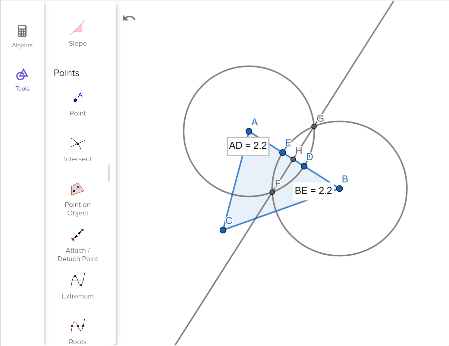 A screenshot of the GeoGebra geometry tool showing triangle A B C. Arcs centered at A and B are drawn. The points of intersection of the two arcs are drawn. A line passing through these points is drawn. Speak to your teacher for more details.