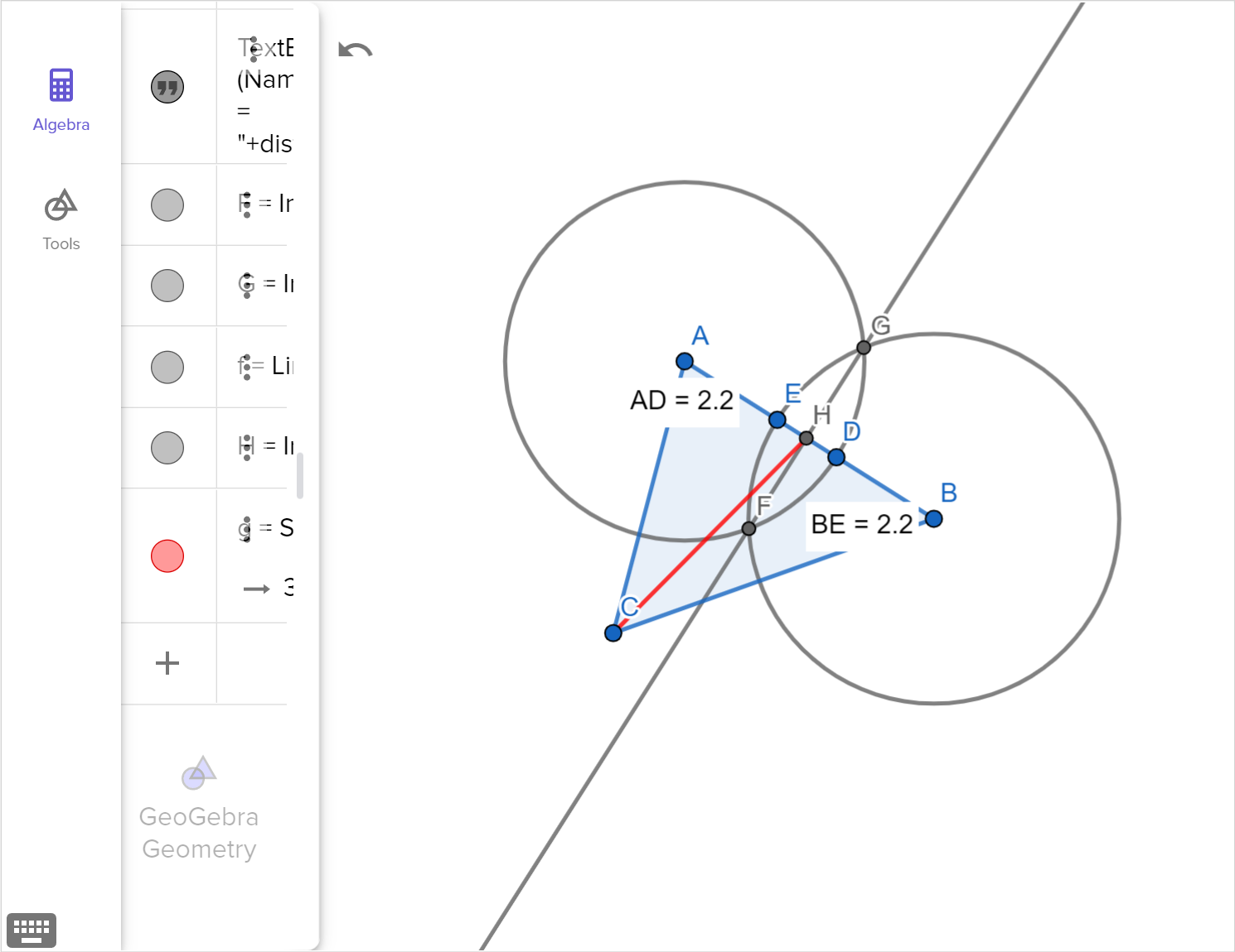A screenshot of the GeoGebra geometry tool showing triangle A B C and the midpoint of A B. Speak to your teacher for more details.