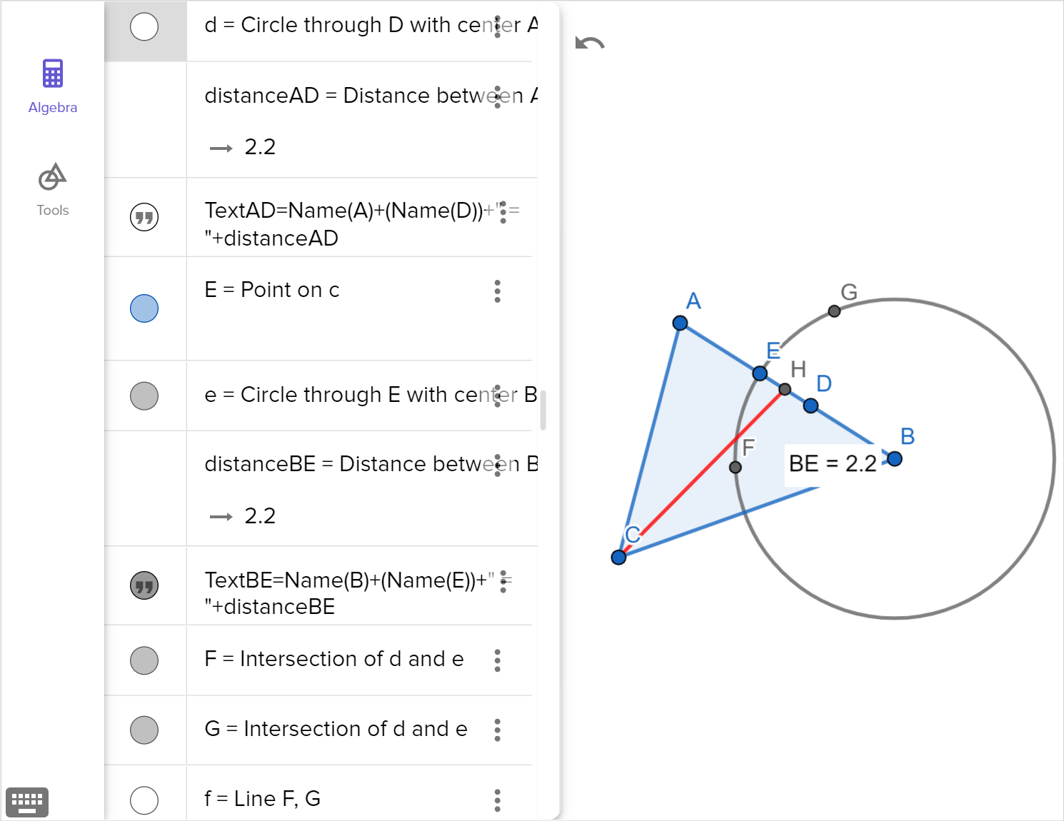 A screenshot of the GeoGebra geometry tool showing how to hide a component. Speak to your teacher for more details.